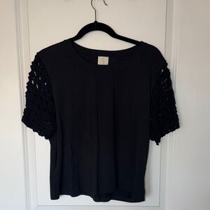 Joie Black Top with Crochet Sleeves